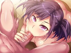 1boy censored eye_contact face fellatio female looking_at_viewer looking_up mizuryuu_kei mosaic_censoring nude oral penis pov pubic_hair purple_eyes purple_hair short_hair short_twintails solo_focus souma_kurumi straight teisou_kannen_zero tied_hair twintails