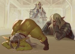 armor big_ass big_ears big_hips boyuart digital_media_(artwork) digital_painting_(artwork) drunk elf elf_male elves gigantic_ass goblin goblin_female green_skin gremlin huge_ass jack-o_pose massive_ass pointless_clothing shortstack sweat sweaty sweaty_ass tavern tavern_background tavern_wench text twerking
