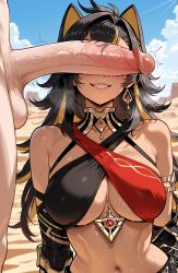 1boy 1girls ai_generated animal_ears armlet bangs bare_shoulders black_hair blonde_hair blue_sky blush breasts clothing cloud covered_eyes criss-cross_halter crossed_bangs curvaceous curvaceous_female curvaceous_figure curvy curvy_figure dark-skinned_female dark_skin day dehya_(genshin_impact) desert earrings elbow_gloves erection fangs female female_focus genshin_impact grin hair_ears hair_intakes halterneck huge_cock inviting inviting_to_sex jewelry large_breasts large_penis long_hair looking_at_penis male miyuai multicolored_hair navel nipples nude outdoors penis penis_awe penis_on_face penis_over_eyes presenting presenting_ass presenting_hindquarters presenting_self seductive seductive_look seductive_smile sky smile solo_focus stomach straight streaked_hair sweat teeth testicles twitching_penis uncensored upper_body veins veiny_penis vision_(genshin_impact) voluptuous voluptuous_female