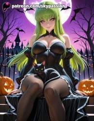 1girls 2025 ai_assisted ai_generated animal anime artist_name bare_tree basket black_cat breasts bust c.c. candy castle cleavage code_geass crescent_moon cross female food green_hair halloween halloween_bucket happy_halloween hi_res high_quality high_resolution highres jack-o'-lantern lantern long_hair looking_at_viewer night night_sky patreon patreon_username pumpkin purple_sky silhouette sky skypassion smile spider stable_diffusion straight_hair trident two-sided_cape watermark window yellow_eyes