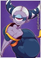 ass bare_shoulders breasts cleavage cyclops dress huge_ass insomni looking_at_viewer one_eye orange_thejuice pink_eyes pointy_ears pressing_breasts_together purple_body slim_waist tagme tied_hair tight_clothing viewed_from_above white_hair wide_hips yo-kai_watch