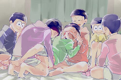 6+boys black_hair blush boxer_briefs brothers chin_rest closed_eyes covering_eyes drooling hoodie incest knees_to_chest male_only matsuno_choromatsu matsuno_ichimatsu matsuno_jyushimatsu matsuno_karamatsu matsuno_osomatsu matsuno_todomatsu multiple_boys no_pants osomatsu-kun osomatsu-san sextuplets siblings sitting sitting_indian_style sleeves_past_wrists smile squatting sweat syaketosyake underwear_removed yaoi