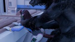 1boy 1boy1girl 1girls 3d anal anal_sex black_fur blender blizzard_entertainment brown_hair canid canine canine_genitalia canine_penis clothed_sex clothing d.va female female_penetrated feral feral_on_female feral_penetrating gloves grabbing_neck headset interspecies knot light-skinned_female light_skin long_hair male male/female male_penetrating monster mythology neck_grab nipples overwatch partially_clothed small_breasts smile smiling tight_clothing tusks video_game_character werecanid werecreature werewolf white_skin z-k9