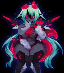 1girls 2025 2d 2d_(artwork) 2d_artwork android android_girl big_breasts black_background blue_hair curvy female girl grey_skin houndeater long_hair ribcage robot robot_girl robot_wings split_tongue thick thick_thighs tongue tongue_around_thumb tongue_out