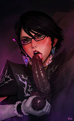 1boy 1girls ball_grab ball_squeeze balls bayonetta bayonetta_(character) bayonetta_2 black_hair dark-skinned_male dark_skin earrings fellatio female female/male glasses gloves incase interracial licking light_skinned_female lipstick_blowjob male open_mouth oral penis saliva squeezing