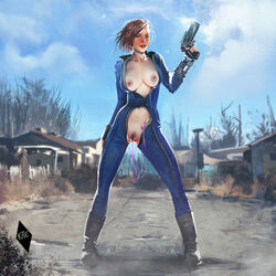 1girls bodysuit breasts brown_hair computer electronics exposed_breasts eye_scar fallout fallout_4 female female_only firearm freckles gun handgun jumpsuit large_breasts nipple_piercing nipples open_clothes outdoors piercing pip-boy pistol pubic_hair scar sex_toy short_hair sole_survivor solo standing thekite vault_girl vault_suit vibrator weapon wristwear zipper