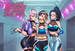 3girls abs accessory ai_generated akali aroused aroused_face athletic athletic_female big_ass big_breasts big_butt big_thighs blue_eyes blue_hair blush breasts caption cleavage clothed clothing comic comic_page comics curvy curvy_body curvy_female curvy_figure cute cute_face english english_text evelynn female fit fit_female hoorpy hourglass_figure hug indoors k/da_akali k/da_all_out_akali k/da_all_out_evelynn k/da_all_out_kai'sa k/da_all_out_series k/da_evelynn k/da_kai'sa k/da_series kai'sa league_of_legends light-skinned_female light_skin lipstick long_hair makeup patreon patreon_logo patreon_username petite petite_body petite_breasts petite_female purple_eyes riot_games sexy sexy_body sexy_pose story text thick_thighs thighs voluptuous voluptuous_female walking