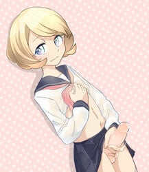 apple12th blonde_hair blue_eyes cum femboy looking_at_viewer male masturbation original penis school_uniform serafuku shirt_lift short_hair solo