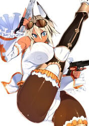 1girls blonde_hair blue_eyes breasts cameltoe dark-skinned_female dark_skin dual_wielding female female_only gun large_breasts leg_up leotard muscular_female original pantyhose sela_(sela_god) sela_god short_hair solo sunglasses thighhighs weapon