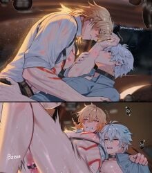 2boys antenna_hair arm_tattoo belt black_choker black_pants blonde_hair blue_eyes blush braid brown_belt censored chest_strap chest_tattoo choker collared_shirt commentary facial_tattoo gay gay_male gradient_hair grey_shirt highres honkai:_star_rail honkai_(series) implied_sex male male_focus male_only medium_hair multicolored_hair multiple_boys multiple_males mydei_(honkai:_star_rail) neck_tattoo open_clothes open_shirt pants parted_bangs phainon_(honkai:_star_rail) red_hair red_tattoo shirt short_hair side_braid sleeves_rolled_up sun_symbol sun_tattoo symbol-only_commentary tattoo wet wet_clothes wet_shirt white_hair yaoi yellow_eyes yoma_0_0