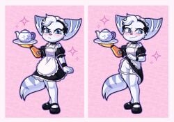 absurd_res anthro bottomwear clothed clothing clothing_lift female genitals hi_res himooncake lombax maid_uniform mammal pouting prosthetic prosthetic_arm prosthetic_limb pussy ratchet_and_clank rivet_(ratchet_and_clank) serving_platter shy shy_smile skirt skirt_lift solo sony_corporation sony_interactive_entertainment underwear uniform vulva