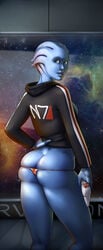 alien alien_girl asari ass ass_cleavage blue_eyes blue_skin butt_crack dat_ass female gamepad hoodie looking_back mass_effect skindentation solo standing thong wahafagart zion_alexiel