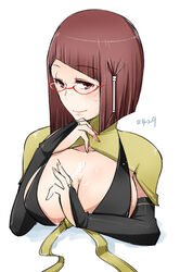 breasts bridal_gauntlets cleavage cum cum_on_body cum_on_breasts cum_on_upper_body female fire_emblem fire_emblem_awakening glasses large_breasts miriel_(fire_emblem) red_hair short_hair shougayaki_(kabayaki_3)