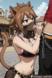 1girl1boy ai_generated big_breasts blowjob brown_eyes brown_hair cat_ears cat_girl cat_tail catgirl chains cleavage cum cum_in_mouth cum_inside dancer dancer_outfit empty_eyes faceless_male fairy_tail female handjob harem_outfit kneeling kneeling_female kneeling_on_ground kneeling_oral_position looking_up market marketplace midriff millianna motion_lines mouth_veil navel no_pupils omega_weirdo outdoors outside patreon servicing_from_below short_hair side_view slave slave_bikini slave_collar slave_outfit slave_training slavegirl submissive_female veil whisker_markings
