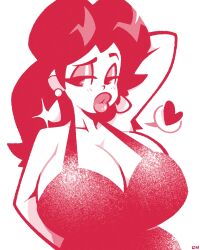 arm_behind_head big_lips breasts clothing dress earrings heart huge_breasts huge_lips lips long_hair looking_at_viewer mario_(series) monochrome nintendo pauline red red_clothing tagme