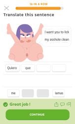 anus ass breasts do_your_lesson duolingo english_language english_text female folded gosgoz large_breasts legs_over_head lily_(duolingo) looking_at_viewer makeup nipples nude purple_hair solo spanish_text spread_legs text thick_eyebrows vagina