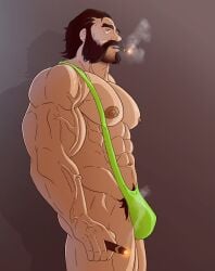 balls banana_hammock bara beard bulge cigar facial_hair flaccid jondessins league_of_legends malcolm_graves male male_only muscles muscular penis solo solo_male