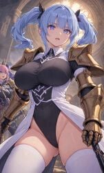 ai_generated big_breasts big_thighs blue_hair enemies_to_lovers kaifuku_jutsushi_no_yarinaoshi redo_of_healer spear_hero_(kaifuku) thick_thighs