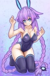 1girl bare_shoulders blue_eyes braided_hair braided_twintails breasts cleavage compile_heart female female_only goddess hair_braids idea_factory large_breasts long_hair neptune_(neptunia) neptunia_(series) nerosynt on_knees pale-skinned_female pale_skin playboy_bunny power_symbol-shaped_pupils purple_hair purple_heart_(neptunia) thick_thighs thigh_highs wide_hips