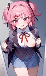 ai_generated doki_doki_literature_club natsuki_(doki_doki_literature_club) one_breast_out smug striptease