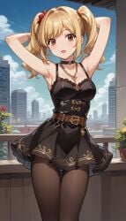 1girls ai_generated armpits arms_behind_head arms_up bangs bare_arms bare_shoulders belt black_choker black_dress black_pantyhose blonde_hair blue_sky blush breasts brown_belt brown_eyes brown_pantyhose buckle building choker city cityscape cleavage cloud collarbone cowboy_shot day death_note dress earrings flower frills hair_bobbles hair_intakes hair_ornament hairbow heart heart_necklace jewelry lips lipstick long_hair looking_at_viewer makeup medium_breasts medium_hair misa_amane natsuyoru necklace outdoors pantyhose parted_lips plant potted_plant red_flower red_lips red_rose short_dress sidelocks sky skyscraper sleeveless sleeveless_dress smile solo spaghetti_strap standing star_earrings star_necklace thigh_gap thighs twintails