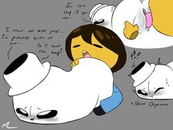 1boy 1boy1girl 1girls blush child cute dialogue female frisk ghost looking_pleasured mrmilky napstablook oral orgasm orgasm_from_oral pussy rule_63 spirit spreading undertale young