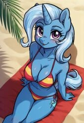 ai_generated anthro anthrofied bendy_and_boney bikini blue_body blue_fur blue_hair breasts cleavage cutie_mark equine female friendship_is_magic fur furry hair hasbro horn long_hair my_little_pony nipples sitting solo tail trixie_(mlp) unicorn