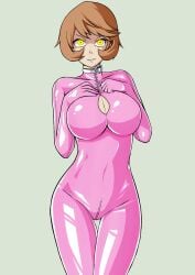 1girls 2d argrim bodysuit breasts brown_hair choker crotch_zipper heart_choker large_breasts latex latex_bodysuit looking_at_viewer persona persona_3 pink_bodysuit shadow_self_(persona) shadow_yukari short_hair yellow_eyes yukari_takeba