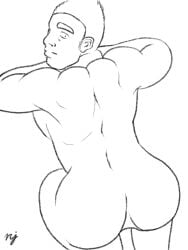 1boy 2020s 2021 ass bara big_ass gay looking_back male male_only monochrome muscular nonjyaina original solo tagme white_background yaoi