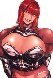 1boy abs animal_ears arms_behind_head bangs big_breasts blush bow bowtie breasts cleavage clothing detached_collar female green_eyes heart large_breasts latex looking_at_viewer marisa_rossetti muscle muscular_female muscular_male navel open_mouth pantyhose pectorals red_hair revealing_clothes smile solo street_fighter thick_thighs thighs tongue tongue_out yellow_eyes zmnjo1440