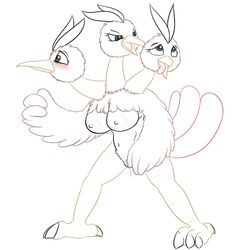 anthro avian beak bird blush breasts brown_fur chest_tuft claws dodo dodrio feathered_wings feathers female fur grey_eyes masturbation molestation multi_head nintendo nipples nude open_mouth pokemon posexe pussy pussy_juice self_molestation simple_background smile solo toe_claws tongue tongue_out tuft video_games white_background wings