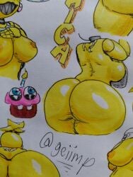 animatronic animatronic_female beakless chicken chicken_girl cupcake_(fnaf) drawing female five_nights_at_freddy's five_nights_at_freddy's_2 fnaf geiimp paper_drawing phasianid robot robot_girl scottgames solo toy_chica_(fnaf) yellow yellow_skin