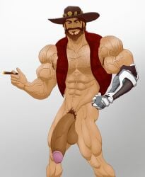 balls bara beard big_balls big_penis body_hair bottomless cole_cassidy cybernetic_arm facial_hair flaccid huge_cock jondessins male male_only muscles muscular overwatch pantsless penis solo solo_male