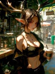 ai_generated antlers black_hair coffee elf_ears eye_contact gloves pixie_cut red red_eyes red_gloves seductive_expression sexy short_hair smirk smug_expression teasing usebackdooronly