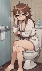 ai_generated ass barefoot bigmic145 bra breasts brown_hair cleavage clothed clothed_female clothing female female_only glasses julie_powers messy_hair naked_robe netflix open_robe robe scott_pilgrim scott_pilgrim_takes_off see-through solo_female wet