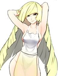 aether_foundation apron armpits arms_behind_head arms_up bangs bare_arms blonde_hair blysill breasts closed_mouth clothing dress female female female_only green_eyes hair_over_one_eye large_breasts long_hair looking_at_viewer lusamine lusamine_(pokemon) mature mature_female medium_breasts milf pokemon pokemon_(game) pokemon_character pokemon_sun_&_moon sexy_armpits sideboob sleeveless smile solo standing thighs very_long_hair white_apron