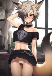 ai_generated bedroom blonde_hair blue_eyes blush canine_pussy cookie-girl crop_top eyeliner ezara_(oc) fox_ears fox_girl fox_tail gender_bender gender_transformation genderbent genderswap_(mtf) goth goth_girl lifting_skirt punk punk_girl pussy_juice rule_63 seductive seductive_look seductive_pose shorts shy skinny skinny_girl smile solo solo_female solo_focus spiked_collar upskirt