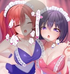 1boy 2girls bare_arms bare_shoulders blush breasts_squeezed_together camisole closed_eyes collarbone crop_top sakimiya_iruka tojou_michiru