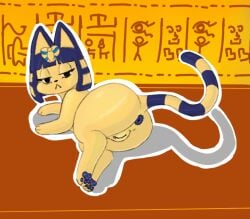 animal_crossing ankha_(animal_crossing) anus ass big_butt blue_anus blue_hair blue_pawpads domestic_cat felid feline felis female feral feralized frown fur genitals hair half-closed_eyes hieroglyphics hime_cut humanoid_genitalia humanoid_genitalia_on_feral humanoid_pussy humanoid_pussy_on_feral looking_at_viewer lying mammal markings mrmystery_guy narrowed_eyes nintendo nude on_side pawpads paws presenting presenting_hindquarters pussy rear_view solo striped_markings striped_tail stripes tail tail_markings unimpressed yellow_body yellow_fur