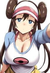 1girls ai_generated big_breasts blue_eyes breasts brown_hair cleavage clothed clothing double_bun emotionless fully_clothed game_freak hair_bun hat long_hair nintendo pokemon pokemon_bw2 rosa_(pokemon) tagme twintails visor_cap