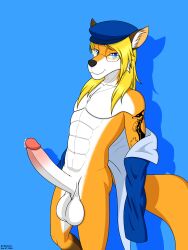 2d abs anthro balls big_balls big_penis blonde_hair blue_eyes bodily_fluids canid canine clothing digital_media_(artwork) dustin_c erection eyewear fox fur genitals glasses hair hat headgear headwear hi_res humanoid_genitalia humanoid_penis jcfox jewelry looking_at_viewer male mammal necklace nude orange_body orange_fur penile penis shirt simple_background smile solo tail tattoo topwear undressing white_body white_fur