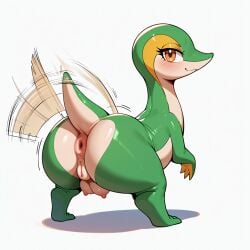 ai_generated anus ass_shake big_ass crotchboobs female female_only feral green_skin long_eyelashes orange_eyes pokemon pokemon_(species) pussy snivy sole_female solo twerking