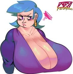 aged_up angry artist_name blue_hair breasts_bigger_than_head cleavage gigantic_breasts hoop_earrings large_breasts lipstick milf miriam_(wandersong) mrxharlequinn oversized_breasts pointy_nose pout wandersong witch