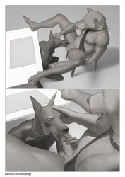 2d absurd_res anthro athletic bear belly bow_tie canid canine canis chair comic dobermann domestic_dog duo fellatio foreskin furniture gay genitals head_grab hi_res humanoid_genitalia humanoid_penis kneeling licking male male/male male_only mammal monochrome necktie nude on_chair open_mouth oral penile penis penis_grab penis_lick pinscher pngx_(artist) retracted_foreskin sex slightly_chubby spread_legs spreading submissive submissive_male tongue