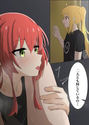 3girls absurdres after_cunnilingus ahoge black_shirt blonde_hair bocchi_the_rock! caught commentary_request gotoh_hitori green_eyes hand_on_another's_thigh hickey highres ijichi_nijika kessoku_band_t-shirt kita_ikuyo long_hair melonpan134 multiple_girls pussy_juice pussy_juice_trail red_eyes red_hair shirt side_ponytail speech_bubble sweat translation_request yuri