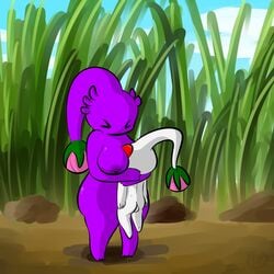 1-upclock anus ass balls big_breasts breasts cute duo female flora_fauna flower hug male nintendo nipples pikmin pikmin_(species) plant purple_pikmin simple_background size_difference squish straight video_games white_pikmin