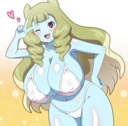 1girls alien alien_girl alien_humanoid big_breasts bikini blonde_hair blue_body blush blushing chuluka_potta cute cute_face female hand_on_hip heart inazuma_eleven inazuma_eleven_(series) inazuma_eleven_go inazuma_eleven_go_galaxy light_yellow_hair long_hair nipple_bulge one_eye_closed peace_sign purple_eyes snowpowder198 solo solo_female two_tone_hair white_bikini