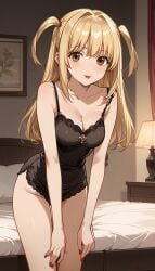 1girls :p ai_generated bangs bare_arms bare_shoulders bed bedroom black_camisole black_dress blonde_hair blush breasts brown_eyes camisole cleavage closed_mouth collarbone cowboy_shot death_note desk_lamp groin hair_intakes hands_on_own_thighs indoors lamp leaning_forward lingerie lipstick long_hair looking_at_viewer makeup medium_breasts misa_amane nail_polish natsuyoru no_panties on_bed picture_frame pillow red_lips red_lipstick red_nails sidelocks sleeveless smile solo spaghetti_strap standing thighs tongue tongue_out two_side_up underwear