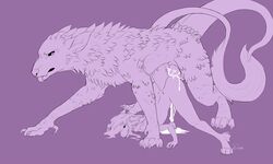 2015 all_fours anthro anthro_on_feral canine crying cum cum_drip cum_inside cum_pool demon doggy_style dripping duo feral forced from_behind hellhound irae kaala knot male mammal monochrome orgasm penis purple_background purple_theme rape rough sex side_view simple_background size_difference tears var'kel zoophilia