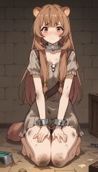 1girls ai_generated animal_ear_fluff animal_ears ball_and_chain_restraint bangs bare_legs barefoot blunt_bangs blush breasts brick_wall broken brown_dress brown_hair bruise chains cleavage closed_mouth collar collarbone crying crying_with_eyes_open cuffs dirty dirty_clothes dirty_feet dress frown full_body handcuffs indoors injury kneeling long_hair looking_at_viewer metal_collar natsuyoru prison puffy_short_sleeves puffy_sleeves raccoon_ears raccoon_girl raccoon_tail raphtalia red_eyes sad seiza shackles short_dress short_sleeves sidelocks sitting slave solo stone_floor tail tate_no_yuusha_no_nariagari tearing_up tears the_rising_of_the_shield_hero very_long_hair